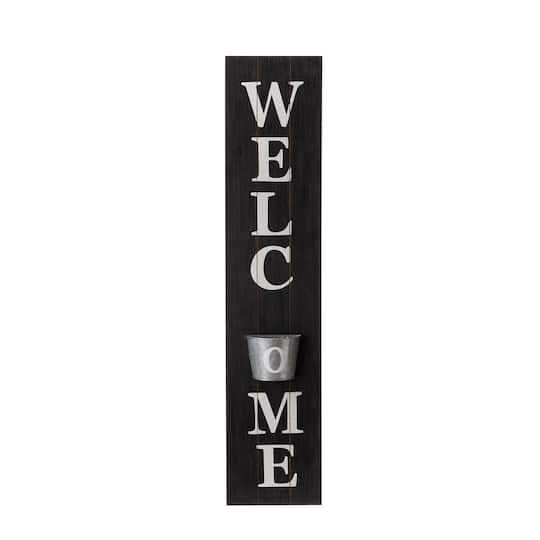 Glitzhome&#xAE; 42&#x22; Wooden Black Welcome Porch Sign with Metal Planter